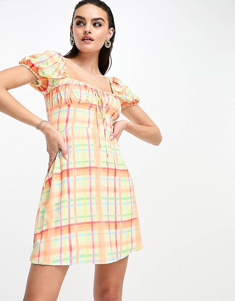 Glamorous milkmaid a line mini dress in orange lime plaid